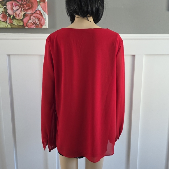 2/25$ Lily Morgan Red Ruffled Long Sleeve Lined Blouse, size L - Picture 6 of 14